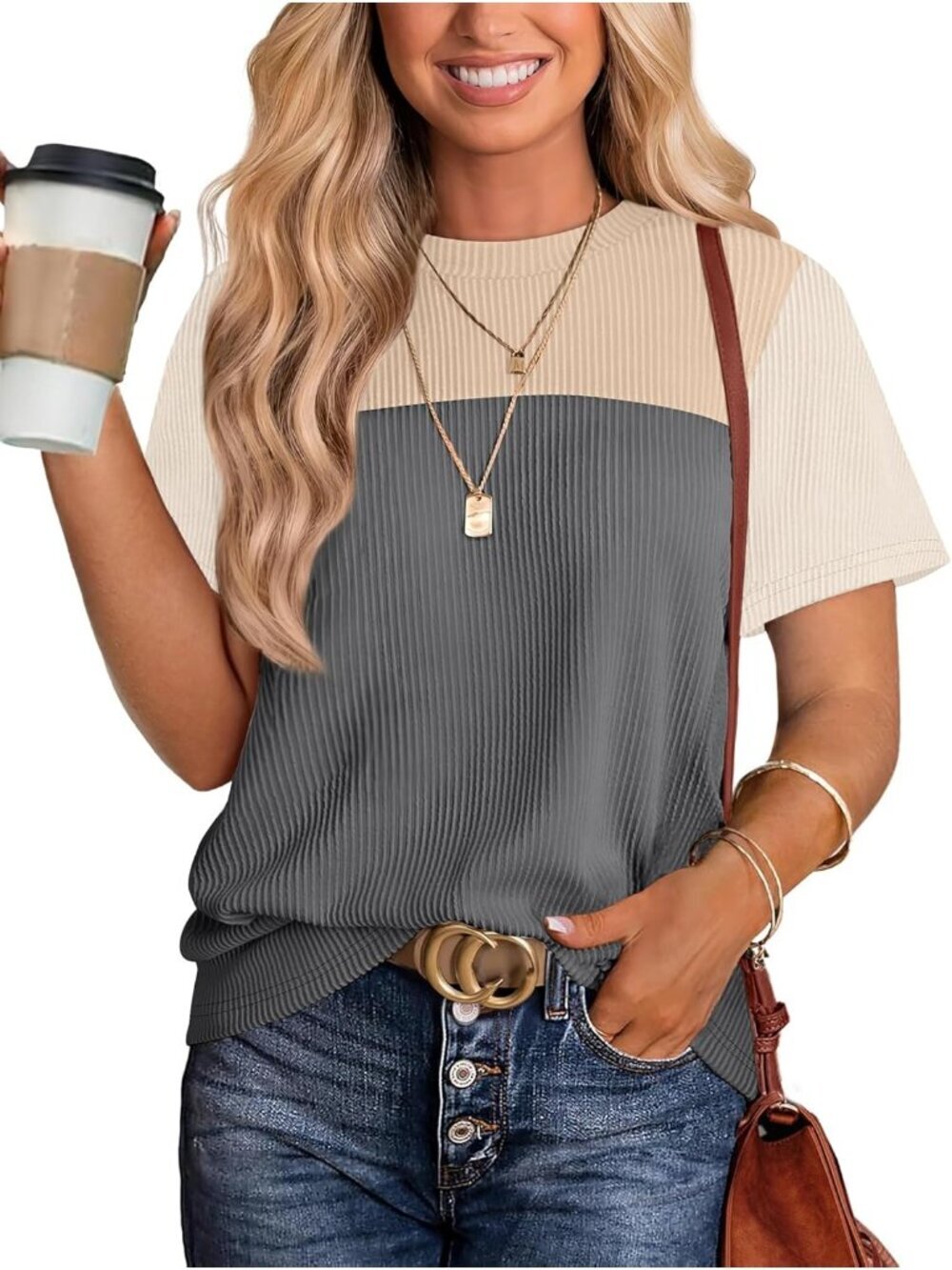 Women's Beige/Gray Color Block Short Sleeve Crewneck Casual Summer Knitted Top